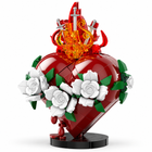 Premium studio view of the Sacred Heart of Mary building-block model with a red heart, white roses, green leaves and translucent flame crown.