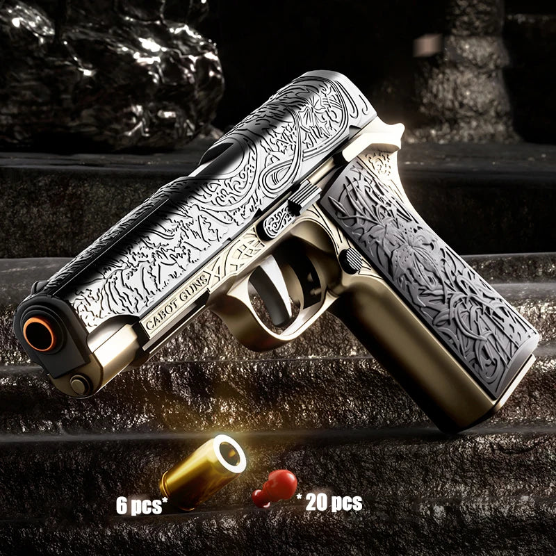 Decorative handgun with intricate patterns on a dark surface