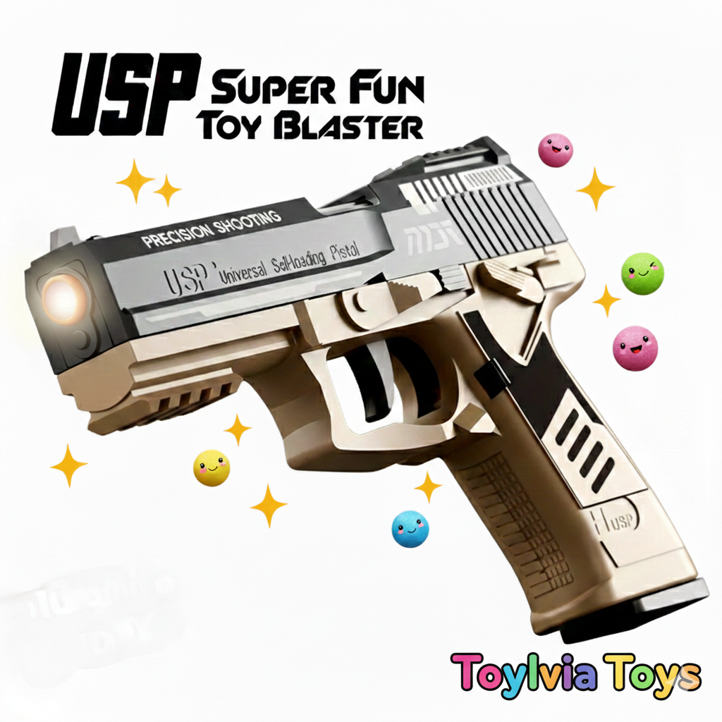 Toy blaster with 'USP Super Fun' text on a white background, featuring colorful accents. Main image