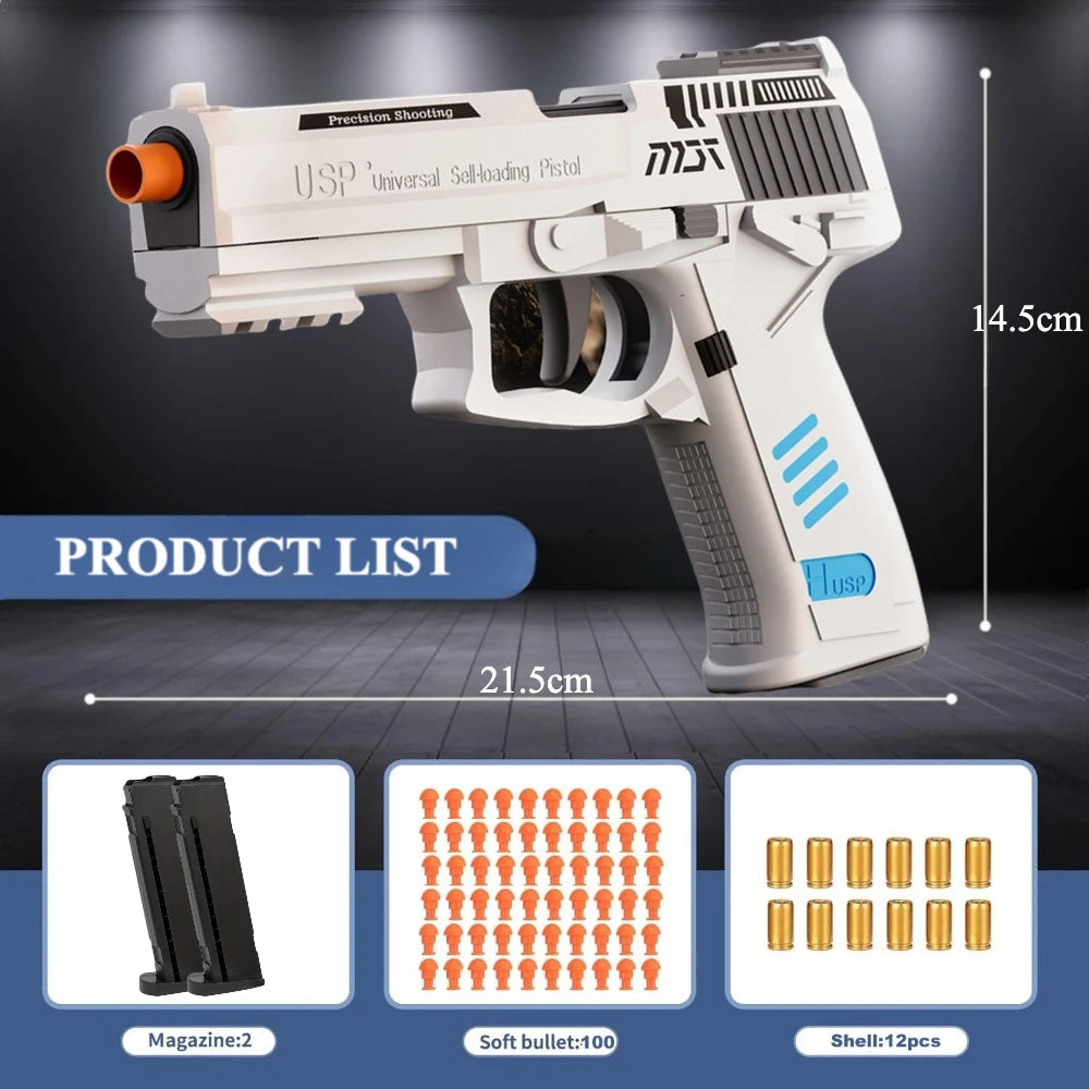 Toy gun with measurements and accessories on a dark background