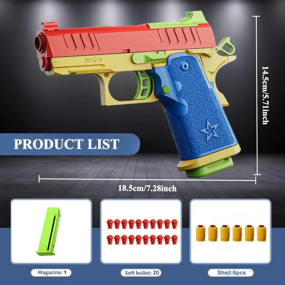 Colorful toy gun with measurements and accessories on a dark background