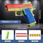 Colorful toy gun with measurements and accessories on a dark background