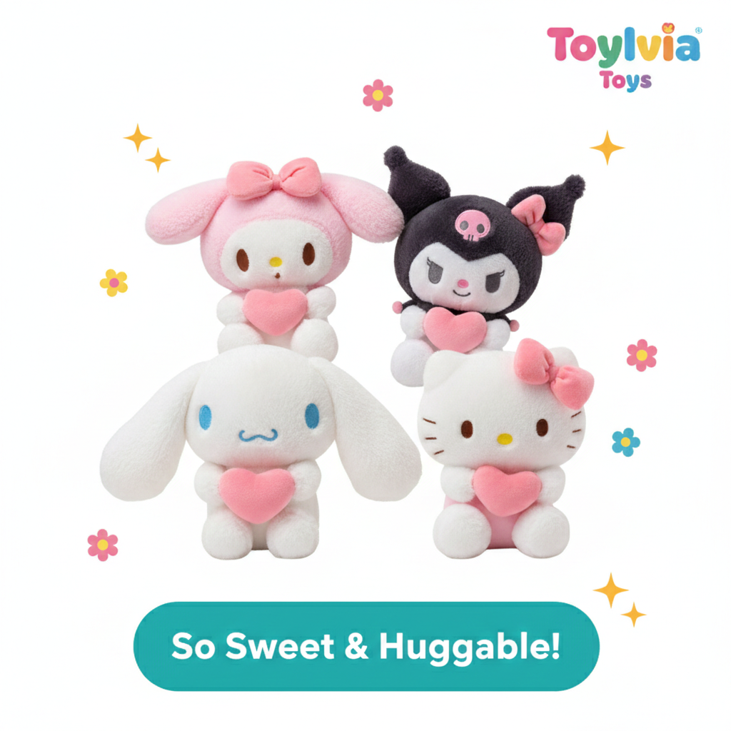 Four plush toys with hearts on a white background, featuring the Toylyvia Toys brand. Main image