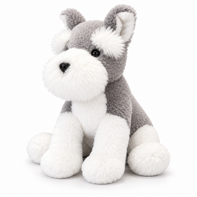Cute Schnauzer plush toy facing left on a white studio background