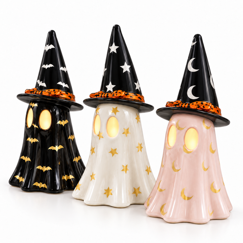 Set of 3 ceramic Halloween ghosts with witch hats: black with bats, white with stars, pink with moons, eyes glowing