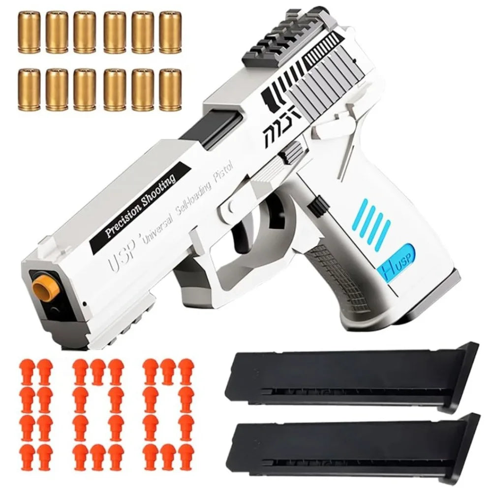 Toy gun with accessories on a white background