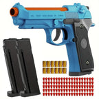 Blue toy gun with black grip, three black magazines, gold bullets, and red darts on a white background.