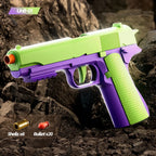 Toy gun with green and purple design on a rocky background