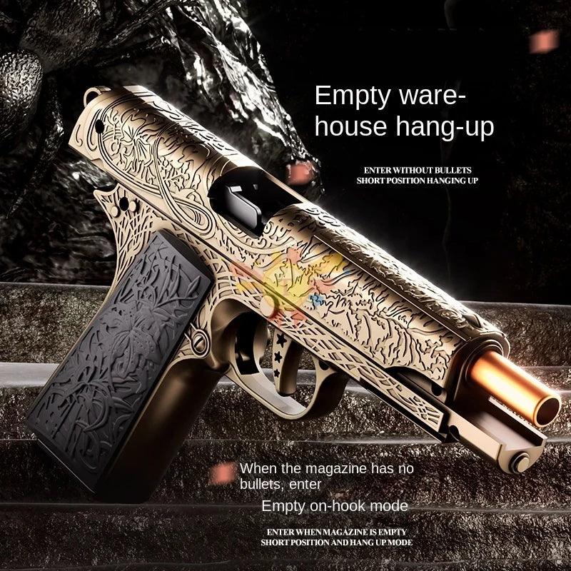 Decorative revolver with intricate designs on a dark background