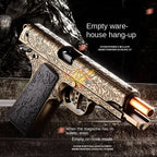 Decorative revolver with intricate designs on a dark background