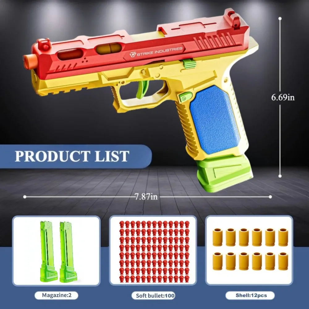 Colorful toy gun with measurements and accessories on a dark background