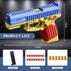 Toy gun with blue, yellow, and red design on a dark background