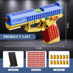 Toy gun with blue and red design, including magazine, soft bullets, and shells, on a dark background.