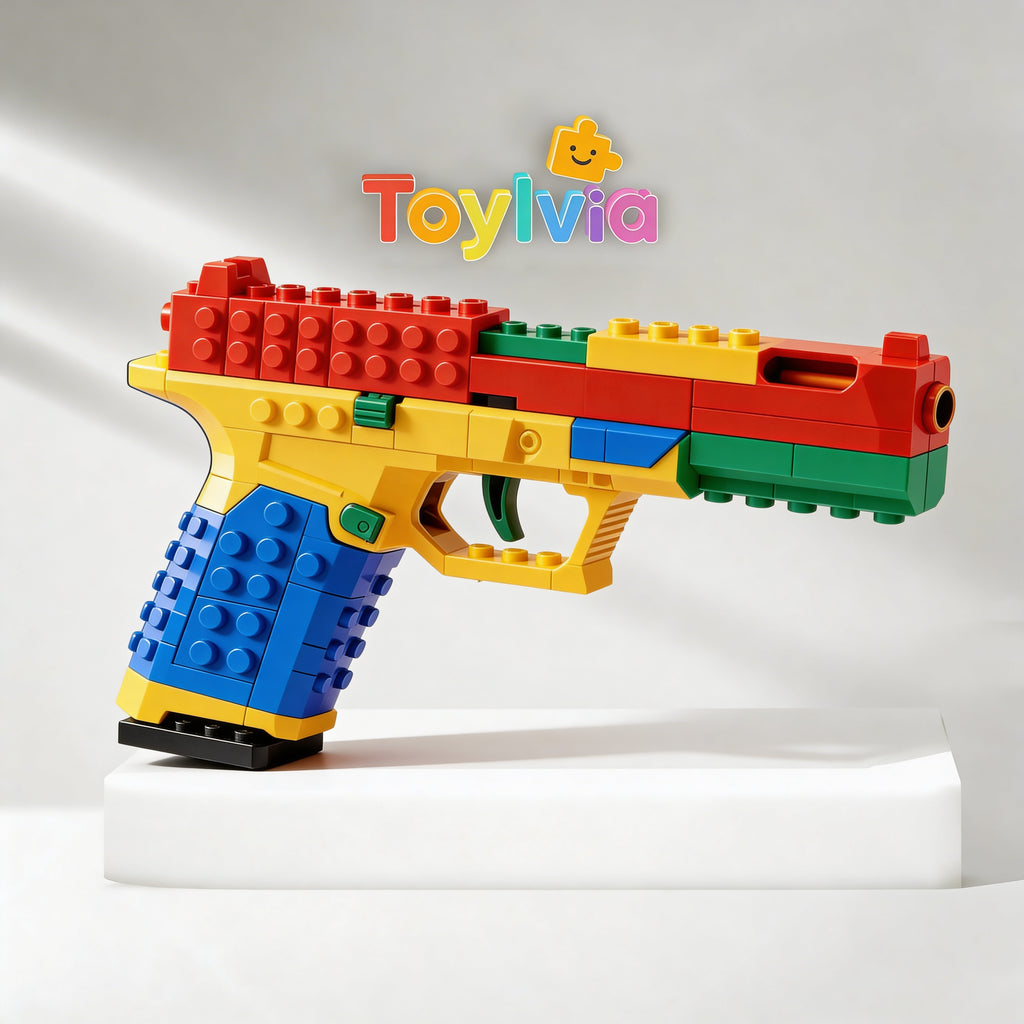 SIG17 building block toy gun displayed on a white pedestal with soft lighting.