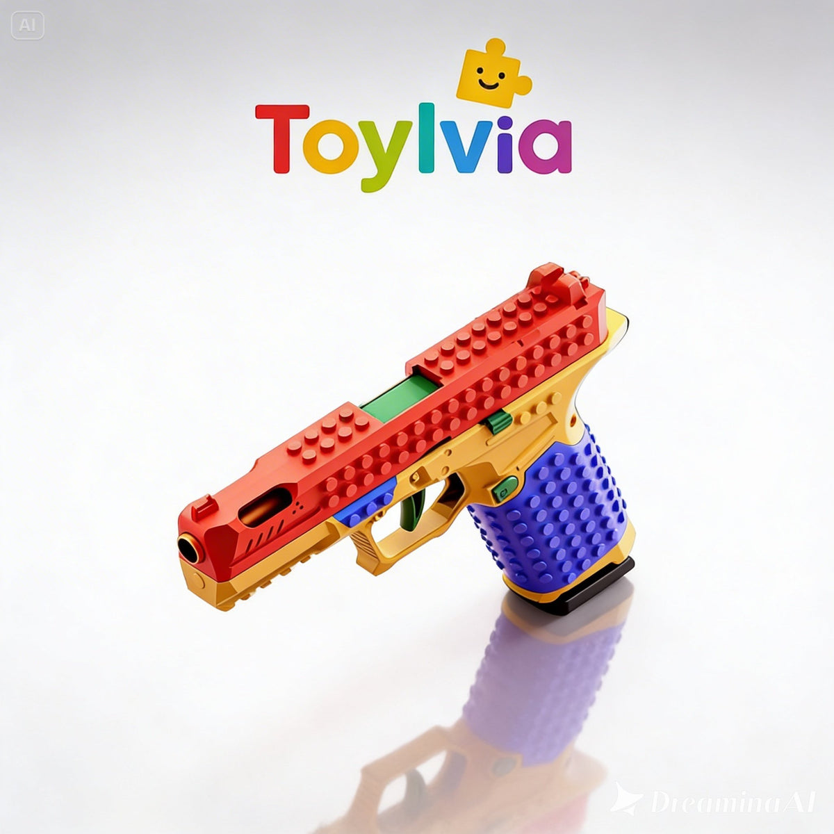 Angled front view of a colorful building block toy pistol on a white background.