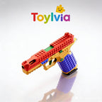 Angled front view of a colorful building block toy pistol on a white background.