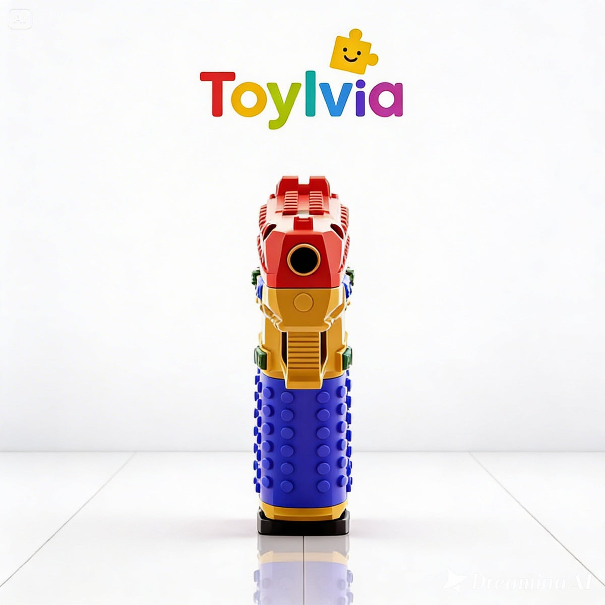 Front-facing view of the barrel and muzzle of the SIG17 building block toy pistol.