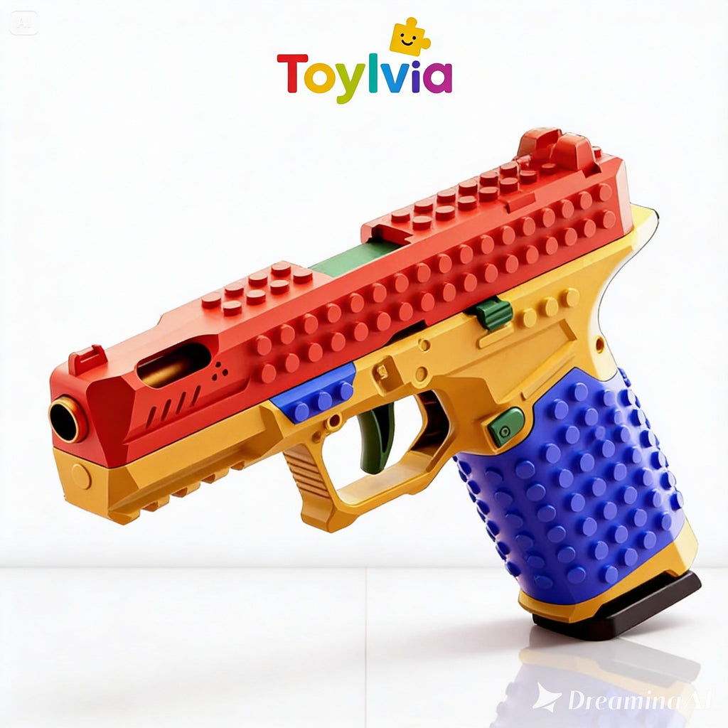 Perspective view of the SIG17 toy gun showing the studded building block design.