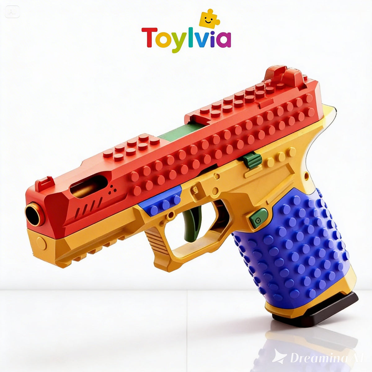 Perspective view of the SIG17 toy gun showing the studded building block design.