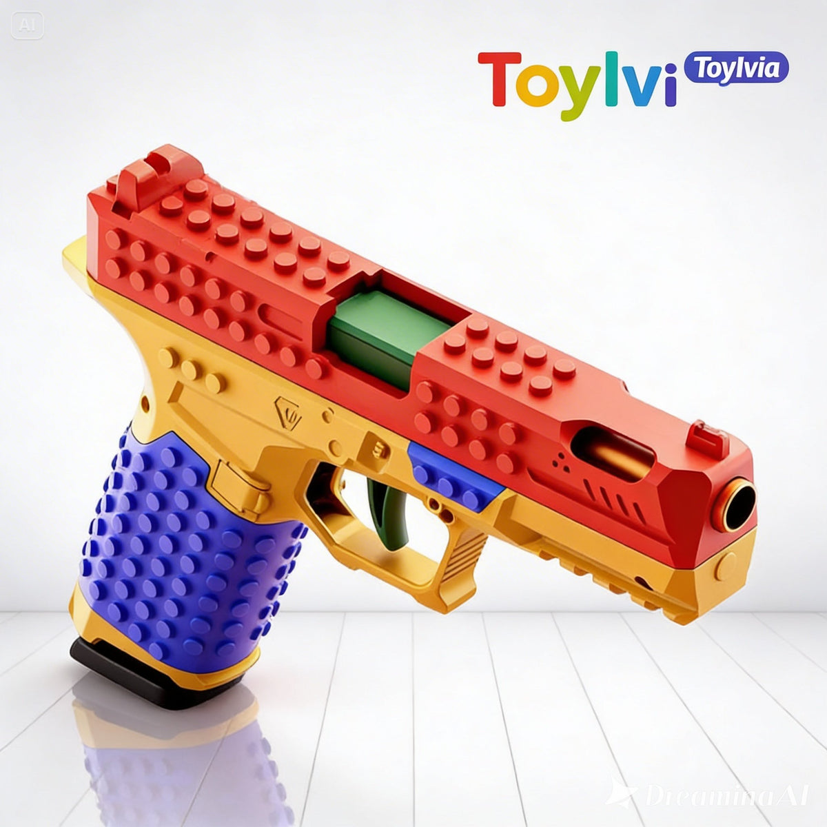 Detailed close-up of the red slide and green chamber of the SIG17 brick toy gun.