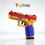 Dynamic side angle of the Toylvia SIG17 building block gun featuring a red, yellow, and blue design.