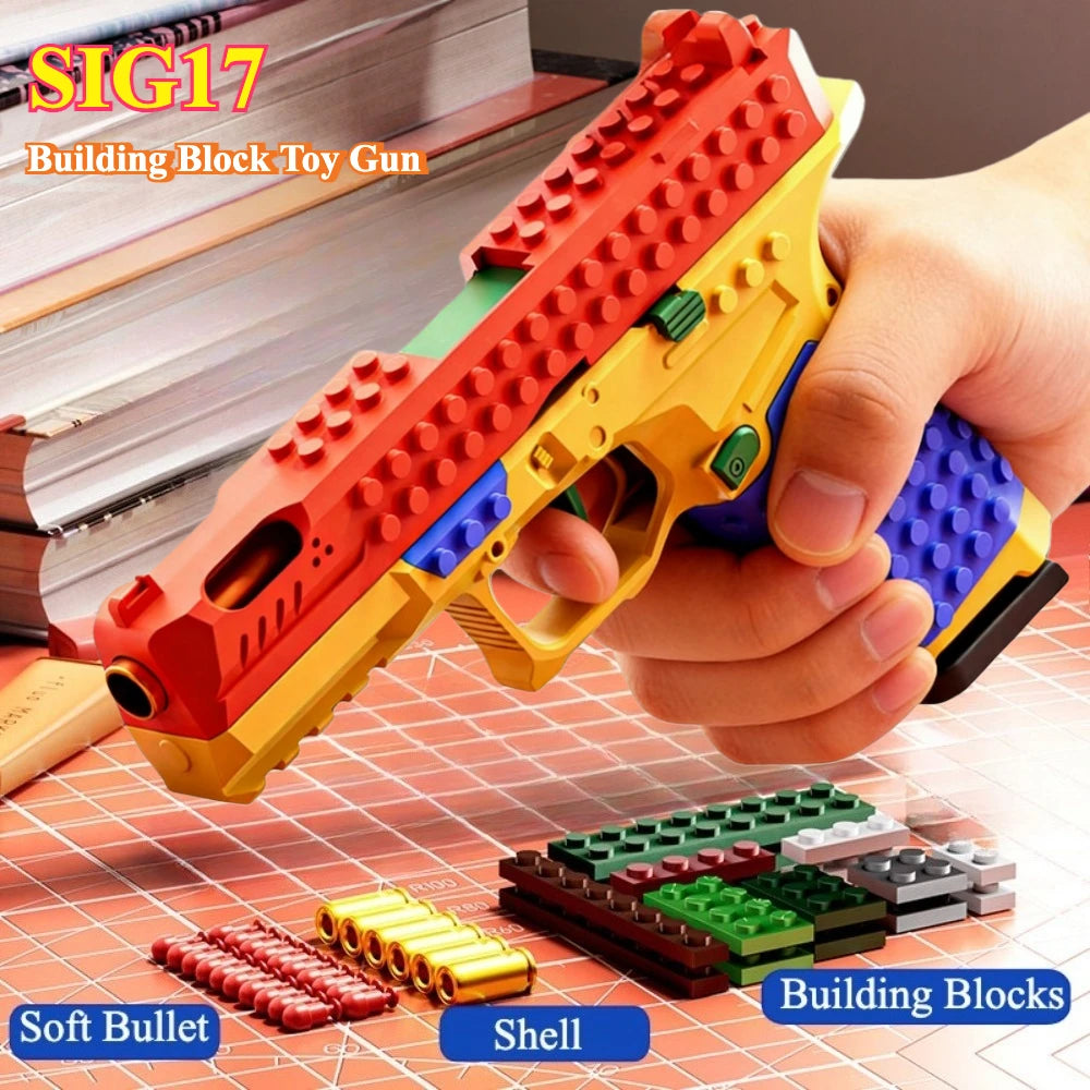 SIG17 colorful building block toy blaster with soft darts, shell ejection and brick-style design by Toylvia Main image