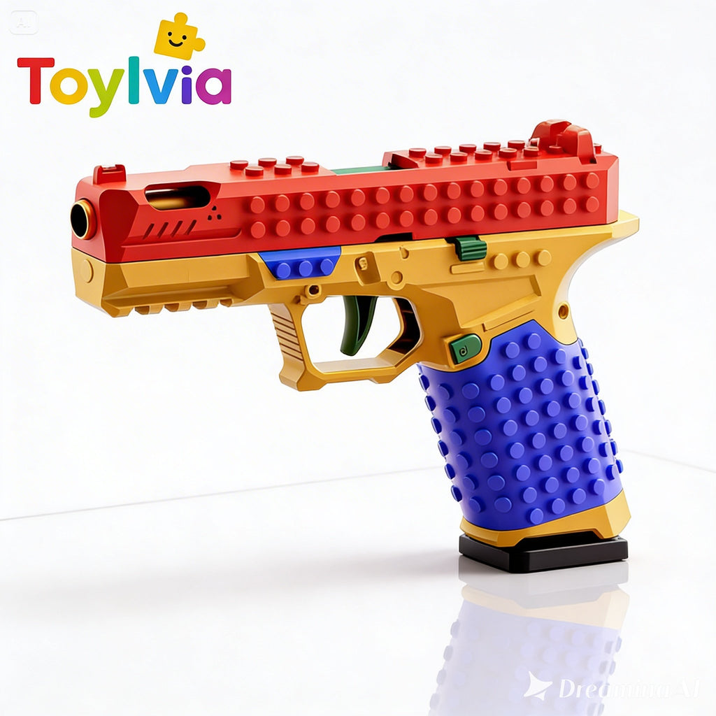 Angled profile view of a colorful SIG17 building block toy gun by Toylvia on a white background.