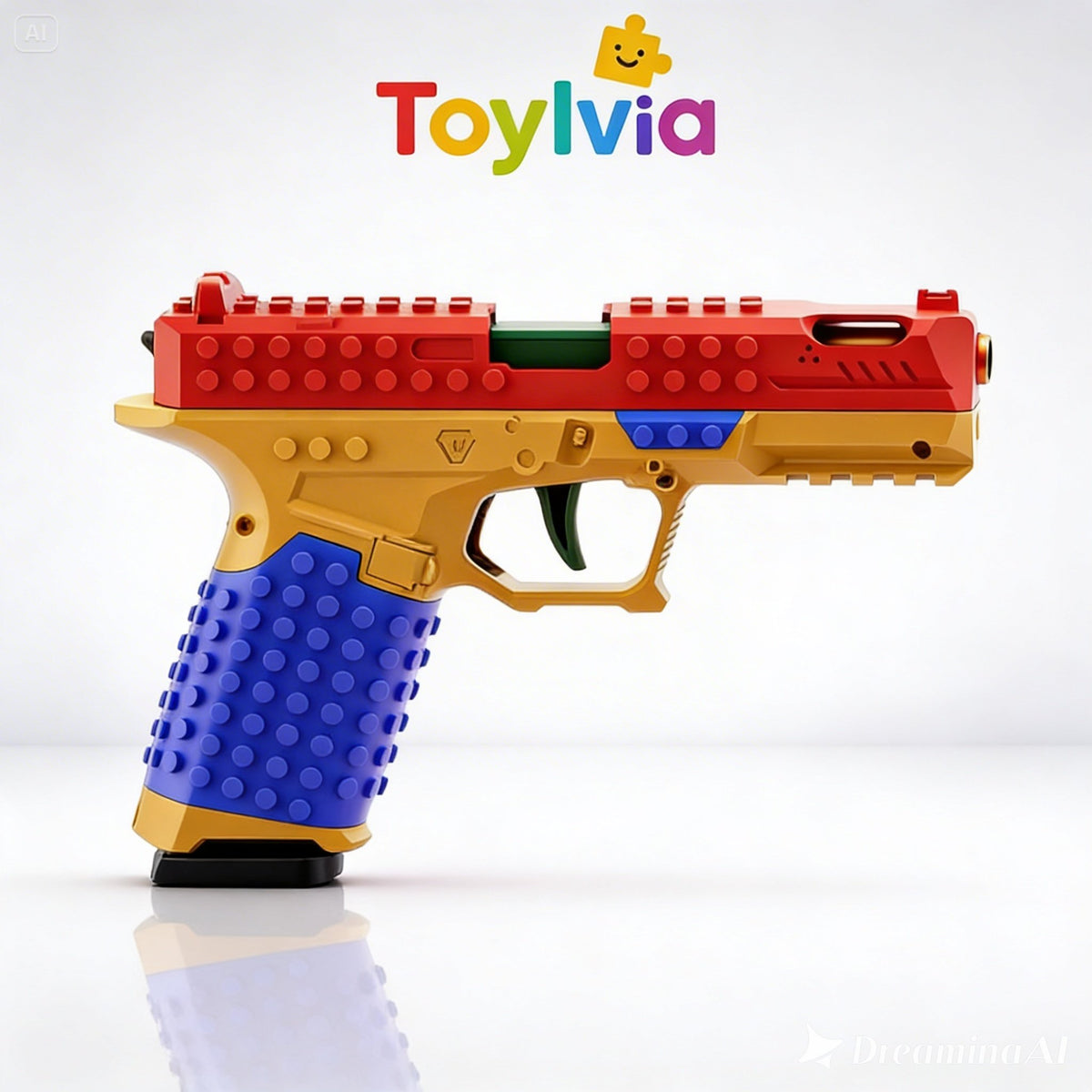 Side view of a SIG17 building block toy gun in red, blue, and yellow by Toylvia.
