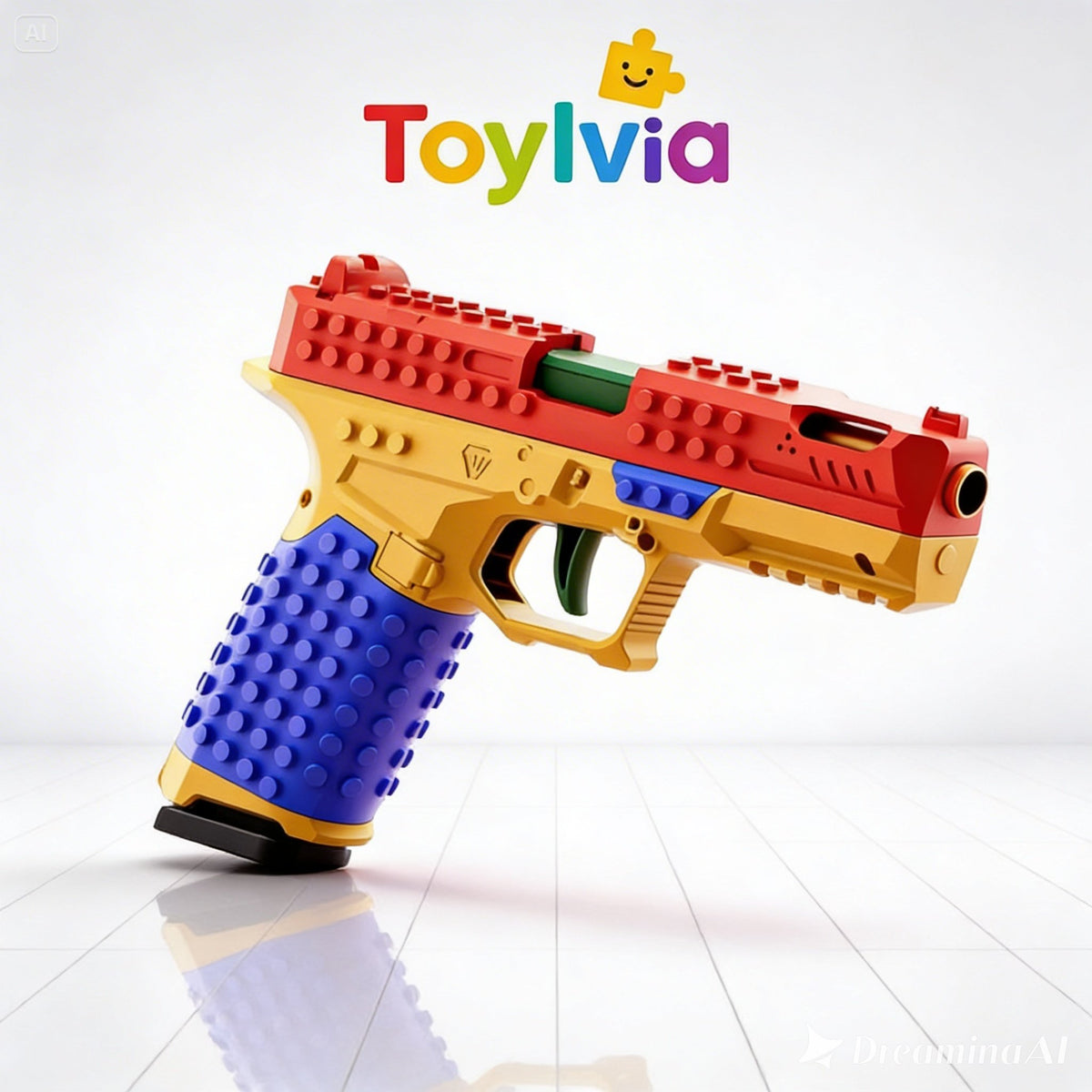 High-angle side view of the SIG17 toy gun made from red and yellow interlocking bricks.