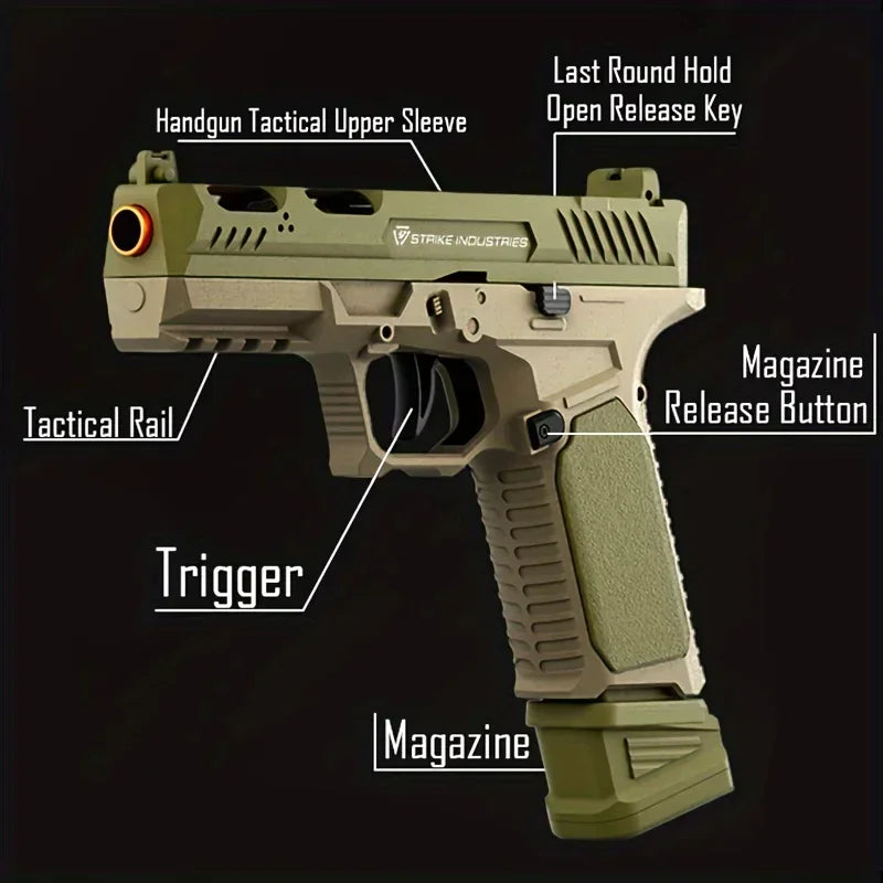 SIG17 soft bullet toy blaster with labeled parts showing trigger, magazine, rail, and release buttons