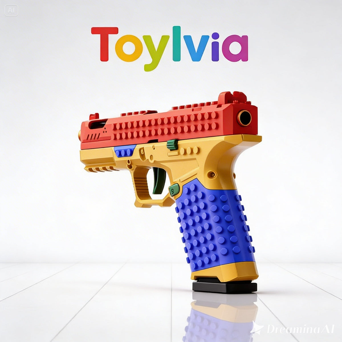 Low angle perspective of the SIG17 interlocking brick toy gun showing the blue grip and red slide.