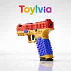 Low angle perspective of the SIG17 interlocking brick toy gun showing the blue grip and red slide.
