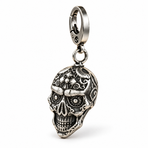 Silver Stainless Steel Skull Pendant Keychain EDC Pocket Fob - alternate view