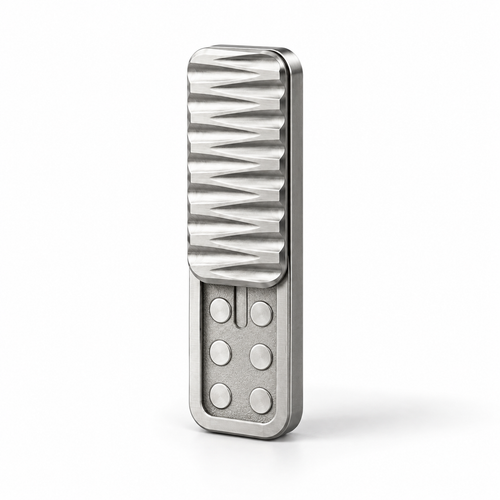 Silver metal magnetic push slider fidget standing upright, half open showing magnets, on white