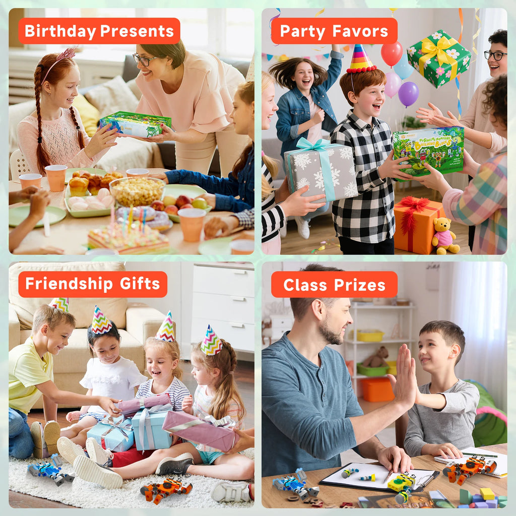 Collage of images showing birthday presents, party favors, friendship gifts, and class prizes with people interacting.