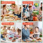 Collage of images showing birthday presents, party favors, friendship gifts, and class prizes with people interacting.