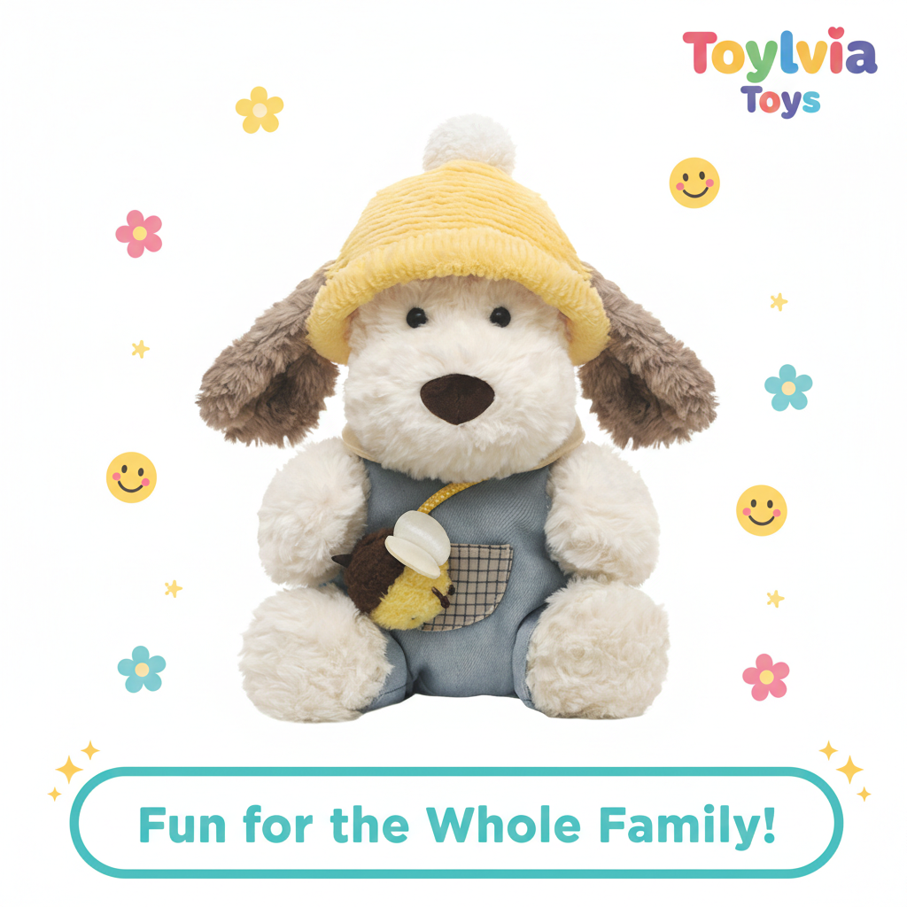 Stuffed toy dog with a yellow hat and denim overalls on a white background with colorful accents, featuring the brand 'Toylivia Toys'. Main image