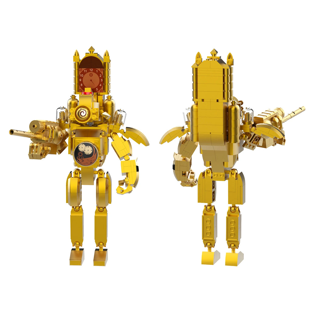Gold robot toy with intricate design on a white background