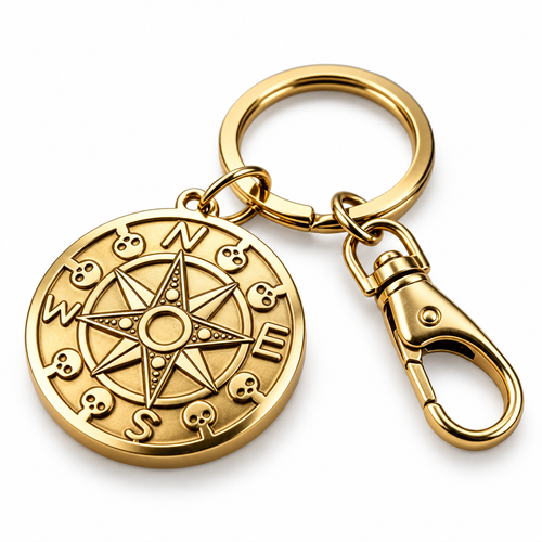 Skull Compass Keychain Pendant Stainless Steel EDC Key Fob, white studio detail photo, object only with soft contact shadow