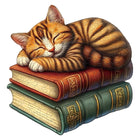 Sleeping Cat on Books Wooden Jigsaw Puzzle for Adults | Irregular Animal Shape Art Puzzle - Toylvia™