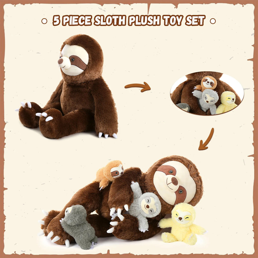 Five-piece sloth plush toy set with a large sloth toy and four smaller sloth toys on a beige background.