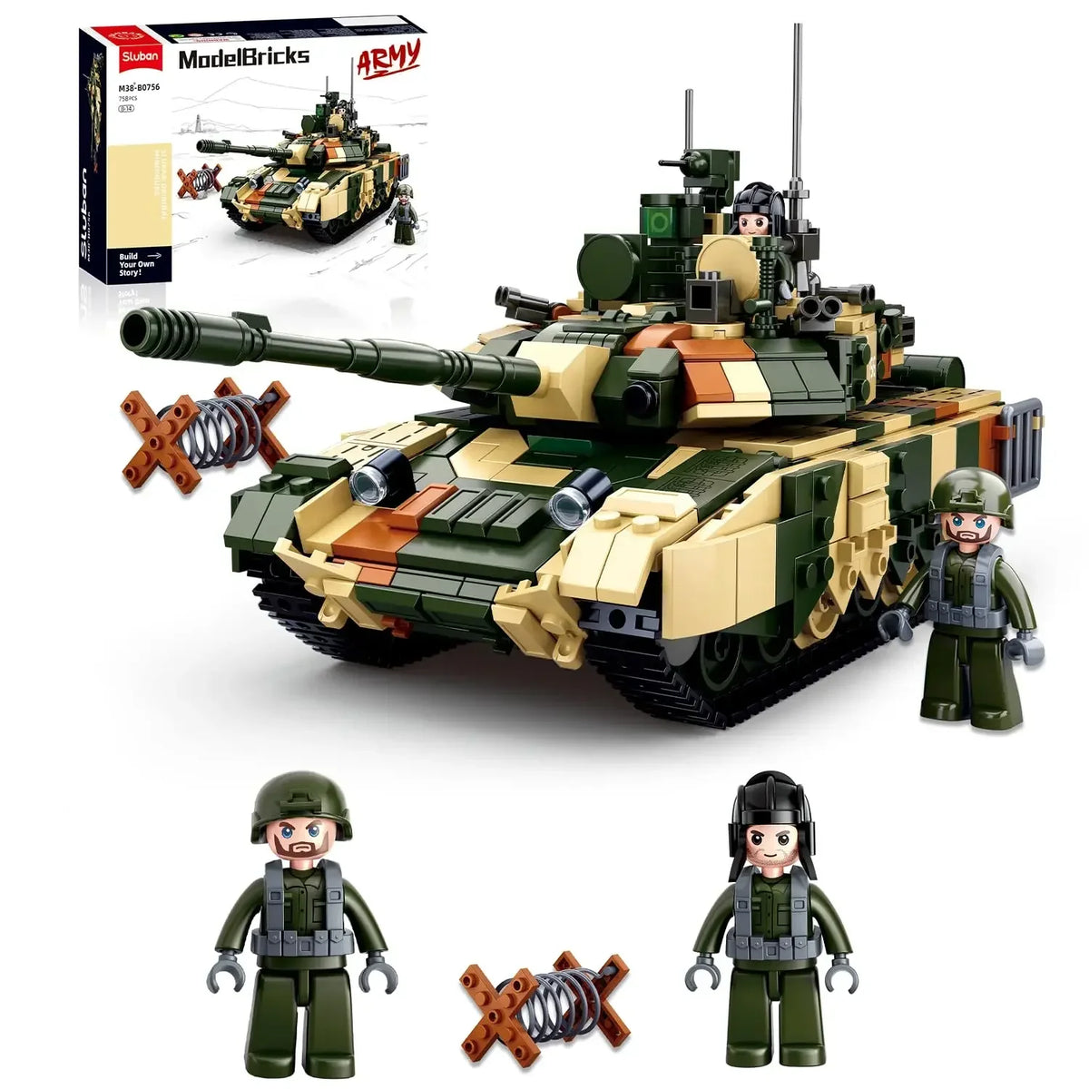 Complete 758PCS SLUBAN T90MS main battle tank building blocks model with detailed turret, cannon and authentic camouflage paint design.
