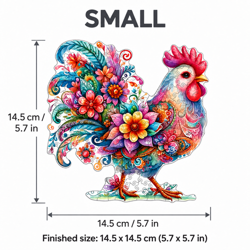 Mindful Dawn: Colorful Whimsical Rooster High-Difficulty Wood Jigsaw - alternate view