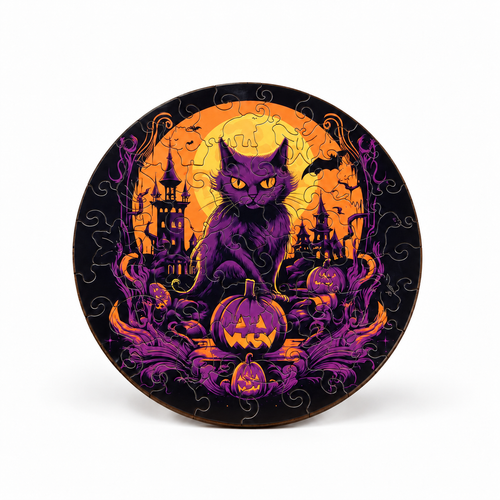 Halloween Cat & Pumpkin Wooden Puzzle for Adults - Irregular Jigsaw - alternate view