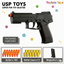 Toy blaster with packaging content on a white background, featuring 'USP Toys' branding.