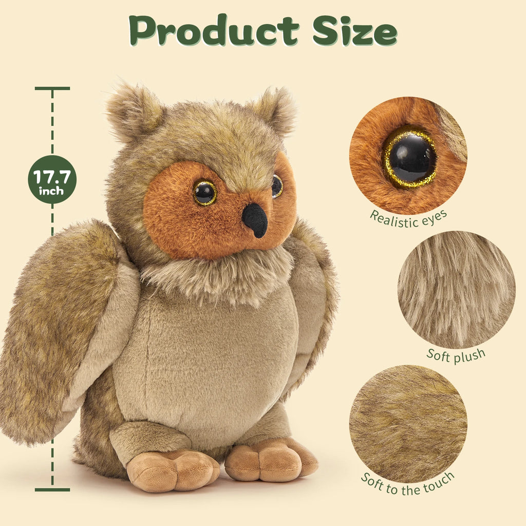 Plush owl toy with product size measurement and texture details on a beige background
