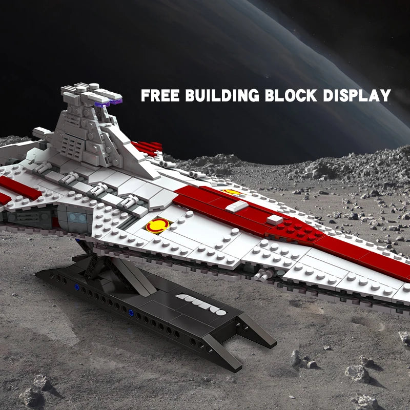 All 960 Space Battleship building blocks and components laid out showing red, white, gray, and accent color pieces, detailed spaceship components, weapons systems, armor elements, and advanced construction parts

