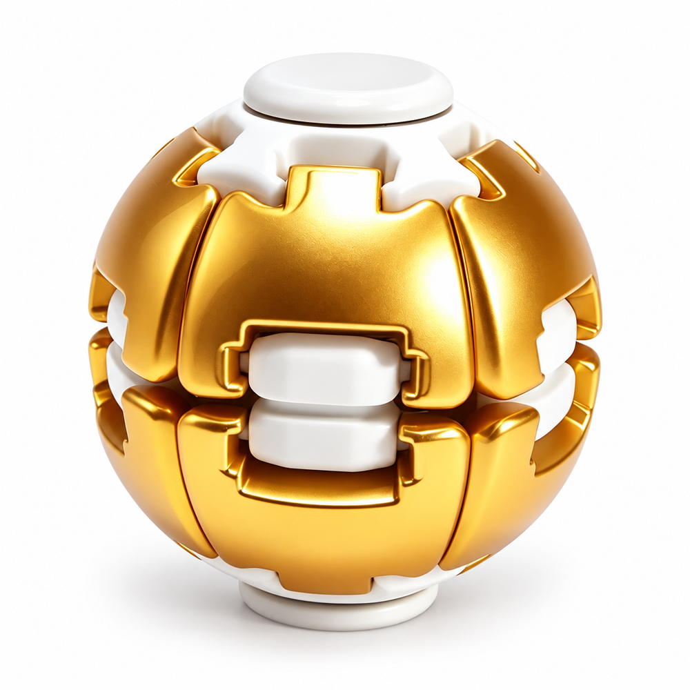 Gold variant: spherical press-to-spin fidget toy with white segmented panels and central plunger