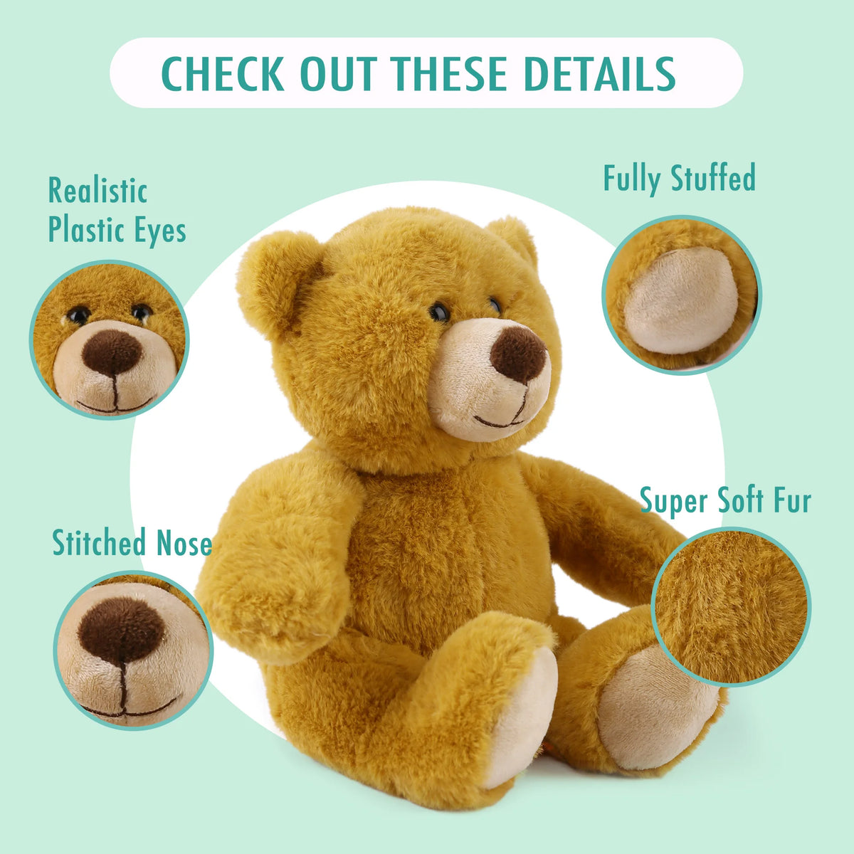 Brown teddy bear with close-up details on a light green background