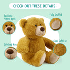 Brown teddy bear with close-up details on a light green background